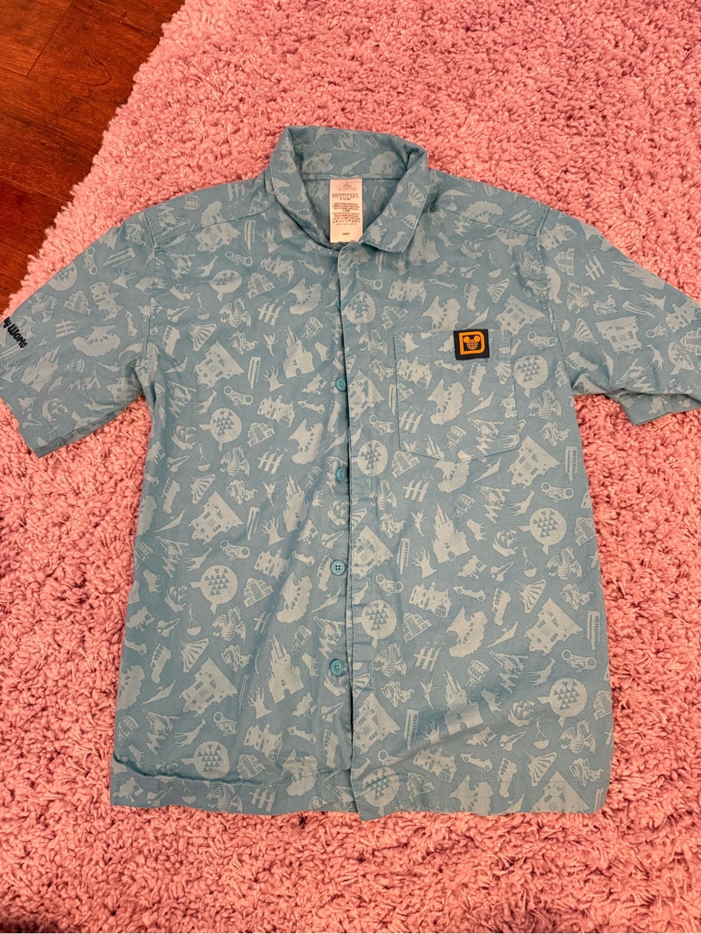 Disney Light Blue Short-Sleeve Button-Down Shirt with Parks Print